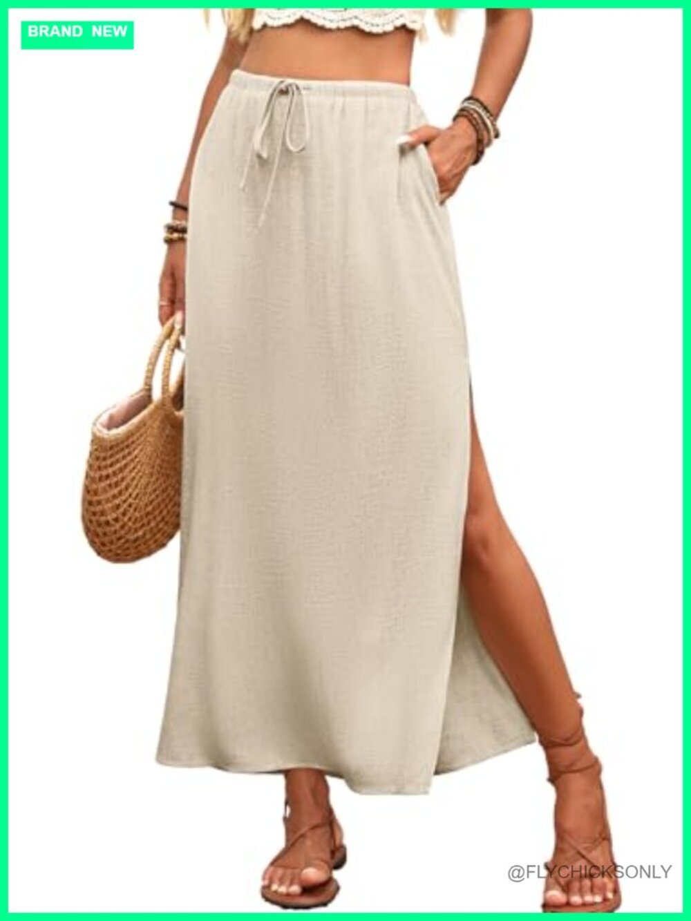 Linen Blend Maxi Skirt with Side Slit Elastic Waist
